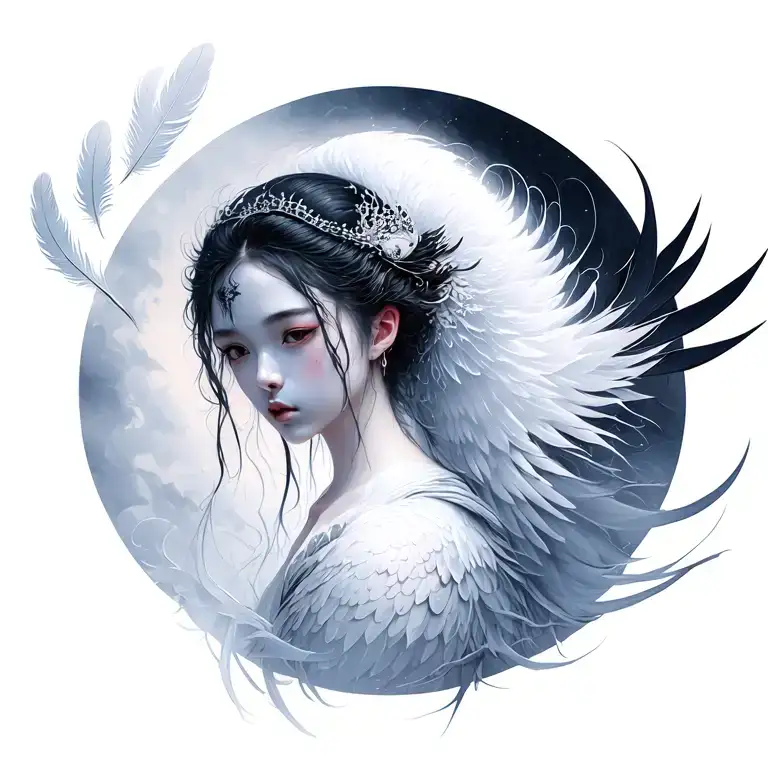 Pale Yūrei with haunted expression. Delicate crane feathers drift from left, vanishing into her misty silhouette tattoo design idea