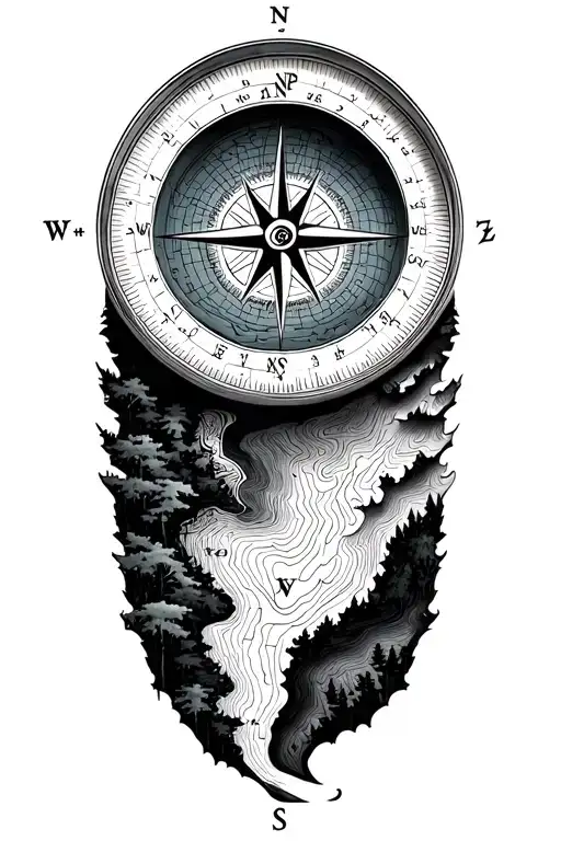 compass and topographic map and forest tattoo design idea