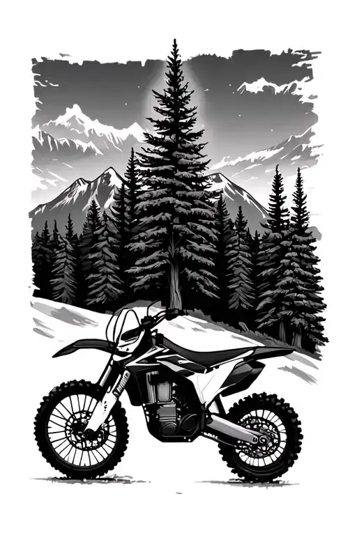 mountains and evergreen trees with a dirtbike silhouette infront tattoo design idea