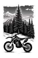 mountains and evergreen trees with a dirtbike silhouette infront tattoo design idea