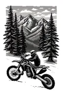 mountains and evergreen trees with a dirtbike silhouette infront tattoo design idea