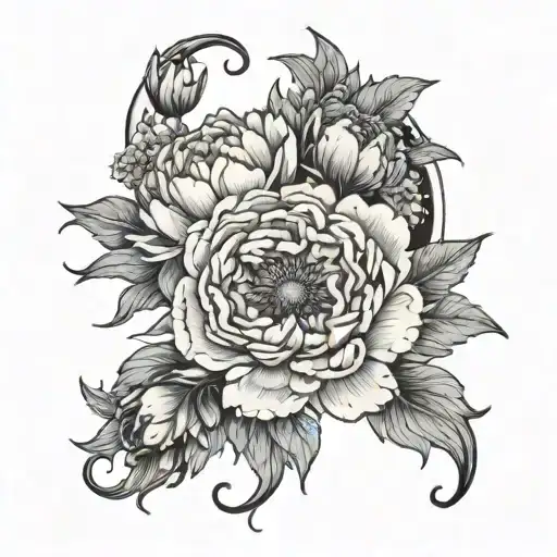 peony, aster, cosmos flowers on crescent moon tattoo design idea
