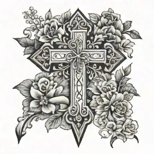 floral cross with bible verse Philippians 4:13 tattoo design idea