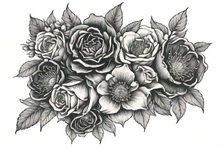 February, July, August, November and December birth flowers in bouquet together  tattoo design idea