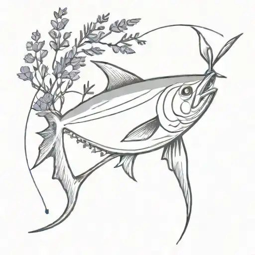 tuna fish surrounded by lavender tied with a ribbon tattoo design idea