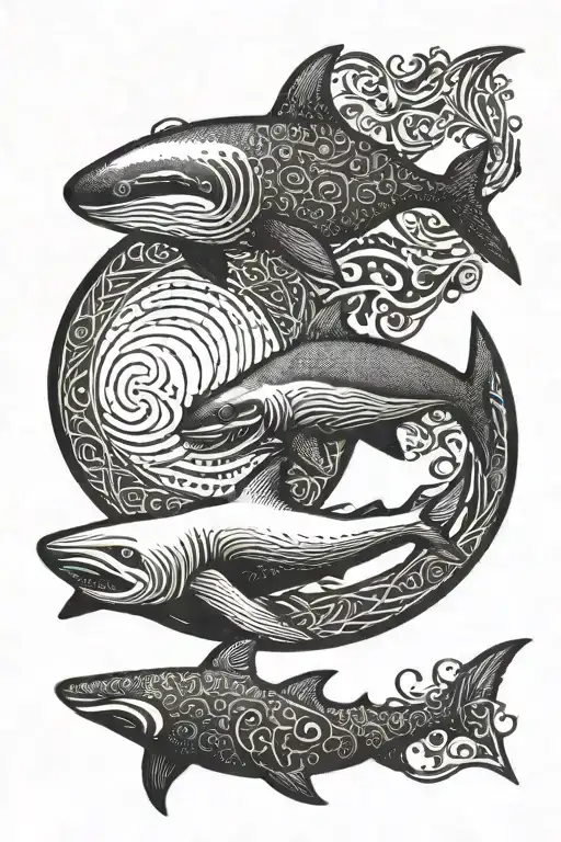 An intricate dotwork design of a seal and shark circling each other in a yin yang formation tattoo design idea
