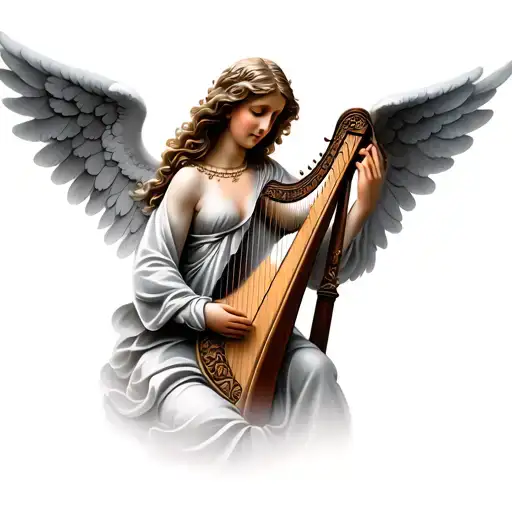 irish harp with angel tattoo design idea