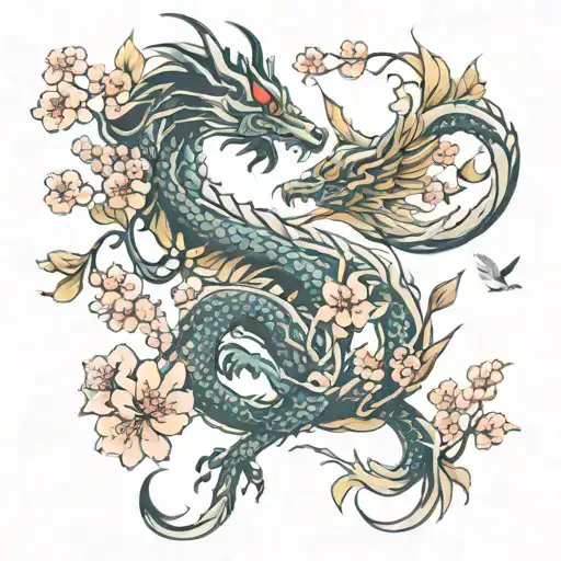Dragon mixed with phoenix with cherry blossoms tattoo design idea