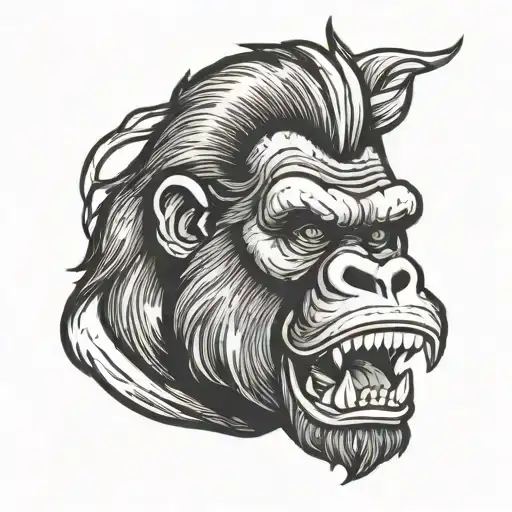 angry gorilla head with fangs, black and white tattoo design idea