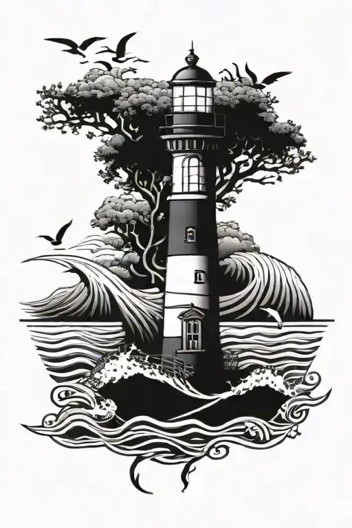 light house, anchor, wave, 3 birds on branch tattoo design idea