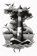 light house, anchor, wave, 3 birds on branch tattoo design idea