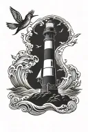light house, anchor, wave, 3 birds on branch tattoo design idea
