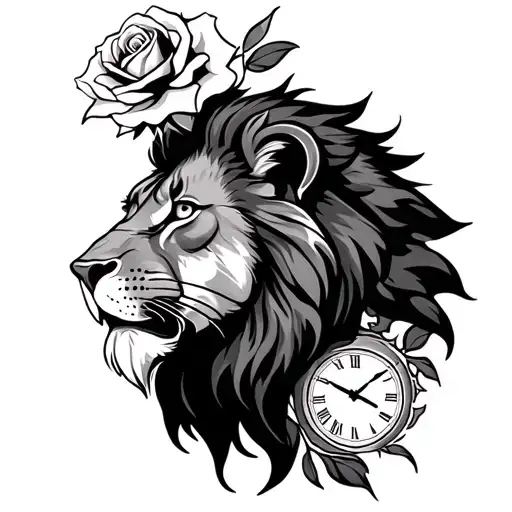 lions head, clock, rose tattoo design idea