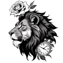 lions head, clock, rose tattoo design idea