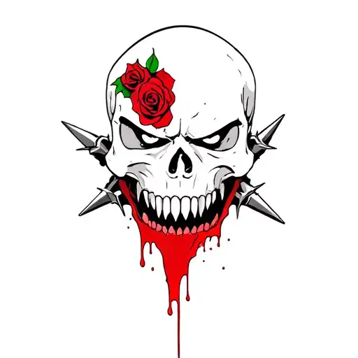 Draw me a tattoo of a  angry skull with vampire fangs and the fangs are dripping blood. Red roses and spikes  tattoo design idea