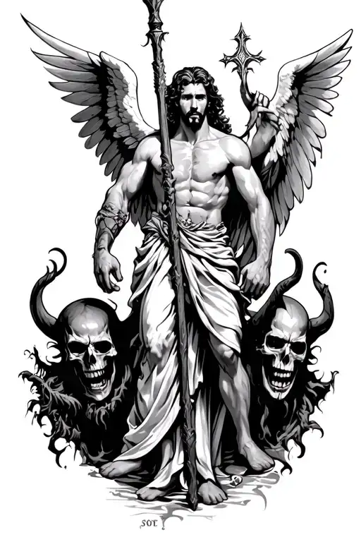 Worrier man angel with a staff and the devil with evil skulls and demons in the background  tattoo design idea