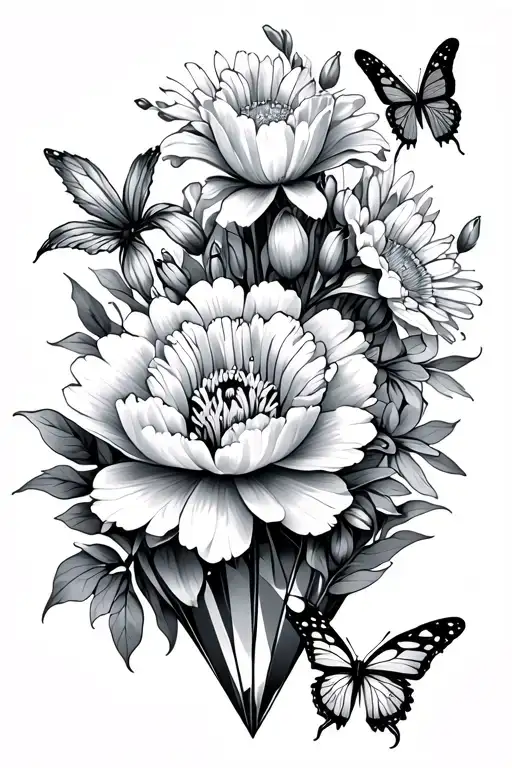 peony, gladiolus, and aster flowers in diamond with butterflies tattoo design idea
