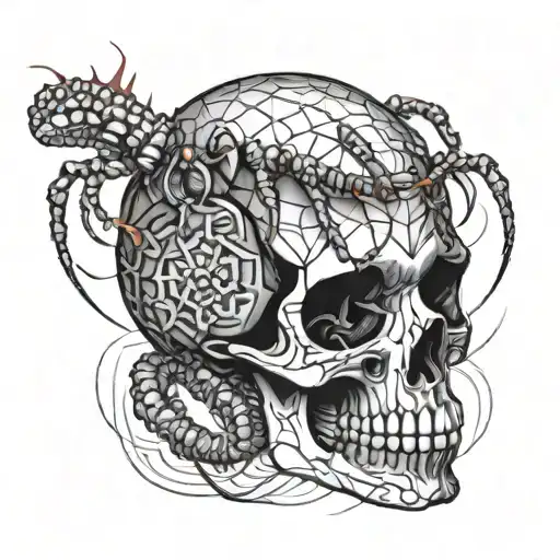 Red headed centipede crawling on a human skull tattoo design idea