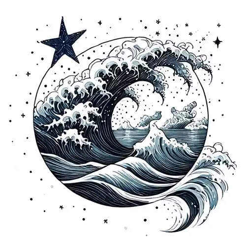 sea, stars, waves tattoo design idea