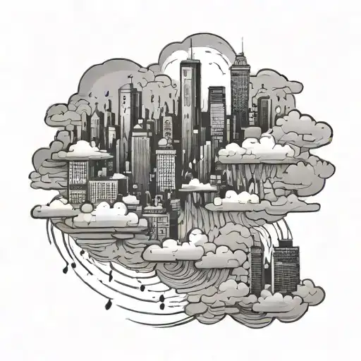 rain and clouds over city skyline tattoo design idea