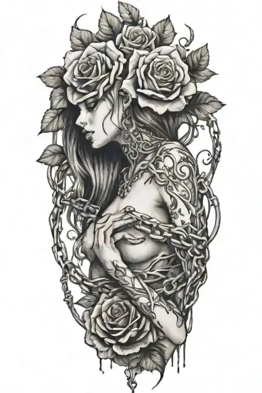 Naked girl, intertwined roots growing from chains on wrist, roses with sharp vines tattoo design idea