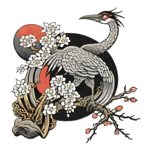 crane, dragon, and phoneix with cherry blossoms and a red moon tattoo design idea