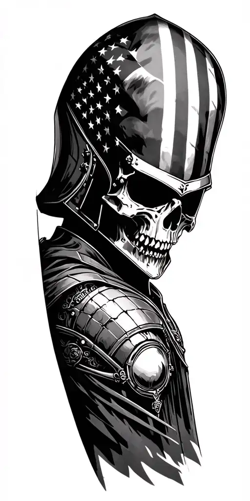skull knight helmet with American flag and cyber black honeynet hacker on forearm tattoo design idea