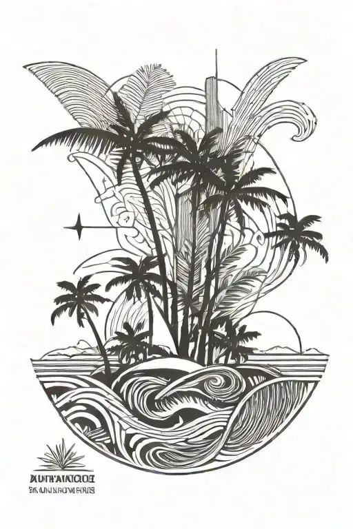 One-line style abstract with spruce and palm trees and waves tattoo design idea