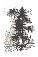 One-line style abstract with spruce and palm trees and waves tattoo design idea