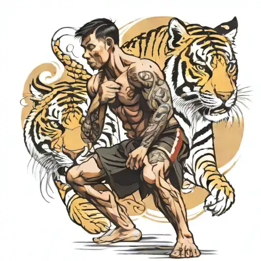 a thai boxer praying from the front and the soul of a tiger coming out of his back tattoo design idea