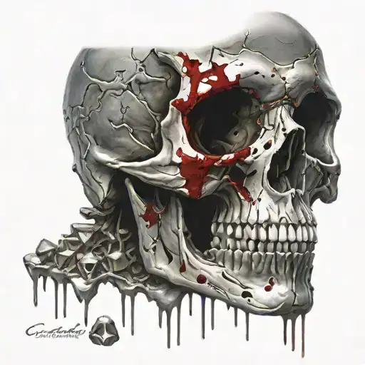 Cracked Bloody Skull missing jawbone covered in holes. Golden and Silver coins trinkets treasures, Gems and Crystals. tattoo design idea