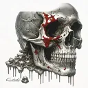 Cracked Bloody Skull missing jawbone covered in holes. Golden and Silver coins trinkets treasures, Gems and Crystals. tattoo design idea