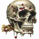 Cracked Bloody Skull missing jawbone covered in holes. Golden and Silver coins trinkets treasures, Gems and Crystals. tattoo design idea