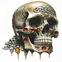 Cracked Bloody Skull missing jawbone covered in holes. Golden and Silver coins trinkets treasures, Gems and Crystals. tattoo design idea