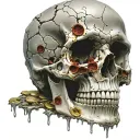 Cracked Bloody Skull missing jawbone covered in holes. Golden and Silver coins trinkets treasures, Gems and Crystals. tattoo design idea