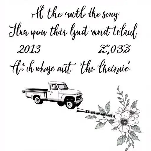 memorial tattoo with date with bible verse and chevy truck on it with flowers and flute from flute player tattoo design idea