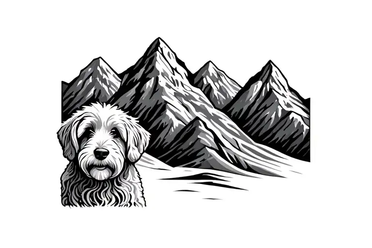 goldendoodle and mountains tattoo design idea