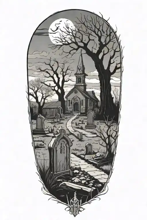 Graveyard with broken tombstones, a lone dead tree and a church in the background tattoo design idea