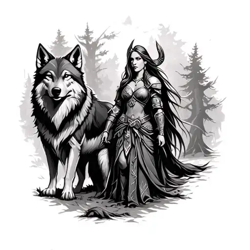 viking warrior princess and wolf in the woods surrounded tattoo design idea
