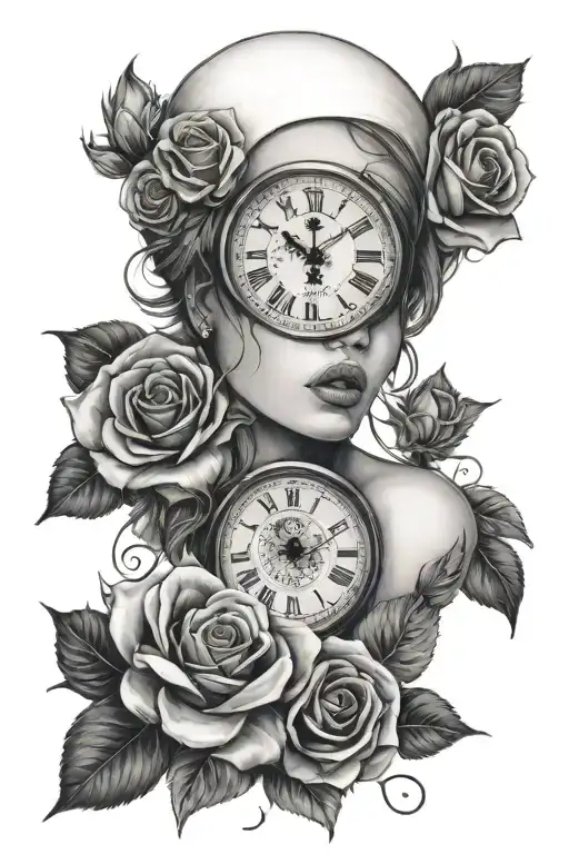 woman head with clock on time 22:45 black and white with roses  tattoo design idea