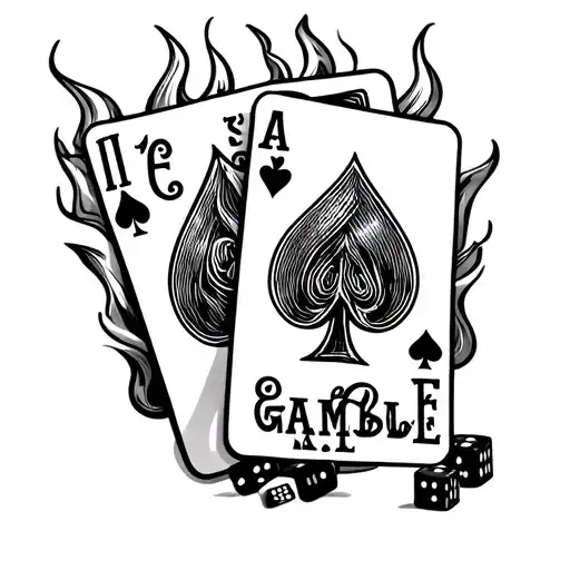 A tattoo sketch of the words life’s a gamble with three cards and some dice with flames behind it tattoo design idea