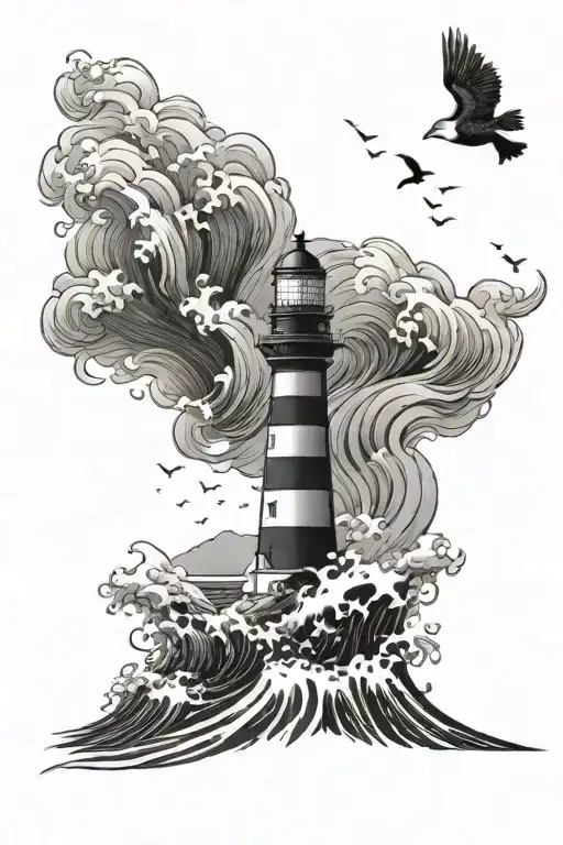 A majestic lighthouse rising from turbulent ocean waves, with a flock of birds soaring overhead tattoo design idea