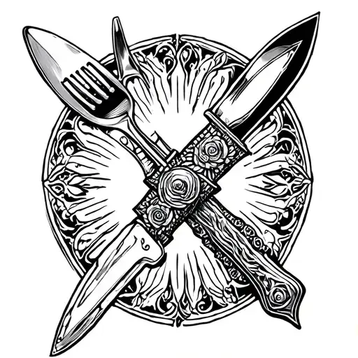 switchblade but with cuterly (spoons, forks, butter knifes) instead of the normal spred of blades and tools tattoo design idea