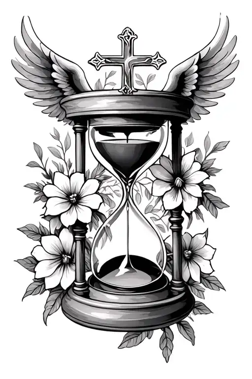 Black and white hourglass intertwined with holy cross, flowers and wings black and white drawing tattoo design idea