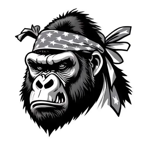 angry gorilla face showing teeth with american flag bandana on head and words American Guerilla  tattoo design idea