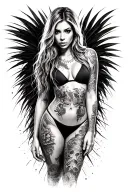 Sexy girl, petite, small boobs, wide hips, bikini . long hair,sexual. Seductive. Full Body, standing with legs and feet tattoo design idea