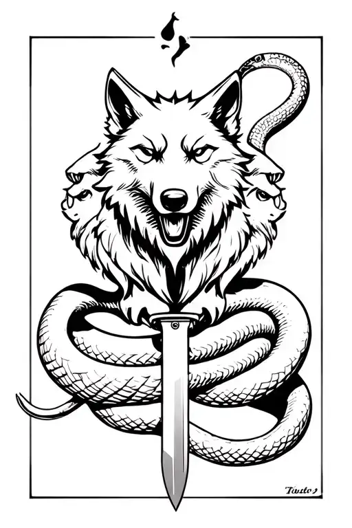 a three headed wolf surrounded by a snake, a big knife under as it tail tattoo design idea