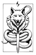 a three headed wolf surrounded by a snake, a big knife under as it tail tattoo design idea