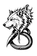 a three headed wolf surrounded by a snake, a big knife under as it tail tattoo design idea