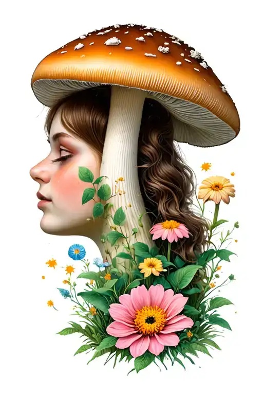 mushroom head, fair, female body, cottagecore, eyeball floral garden background tattoo design idea